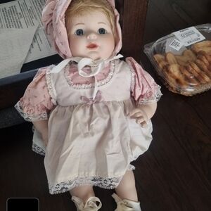 Pink and White Porcelain Doll with Bonnet. vitange